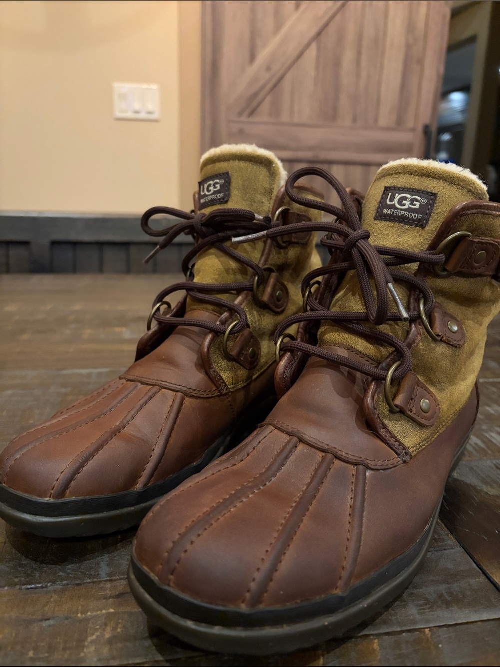 UGG Cecile Waterproof Duck Boots Leather & Suede Brown Olive Women's US 9